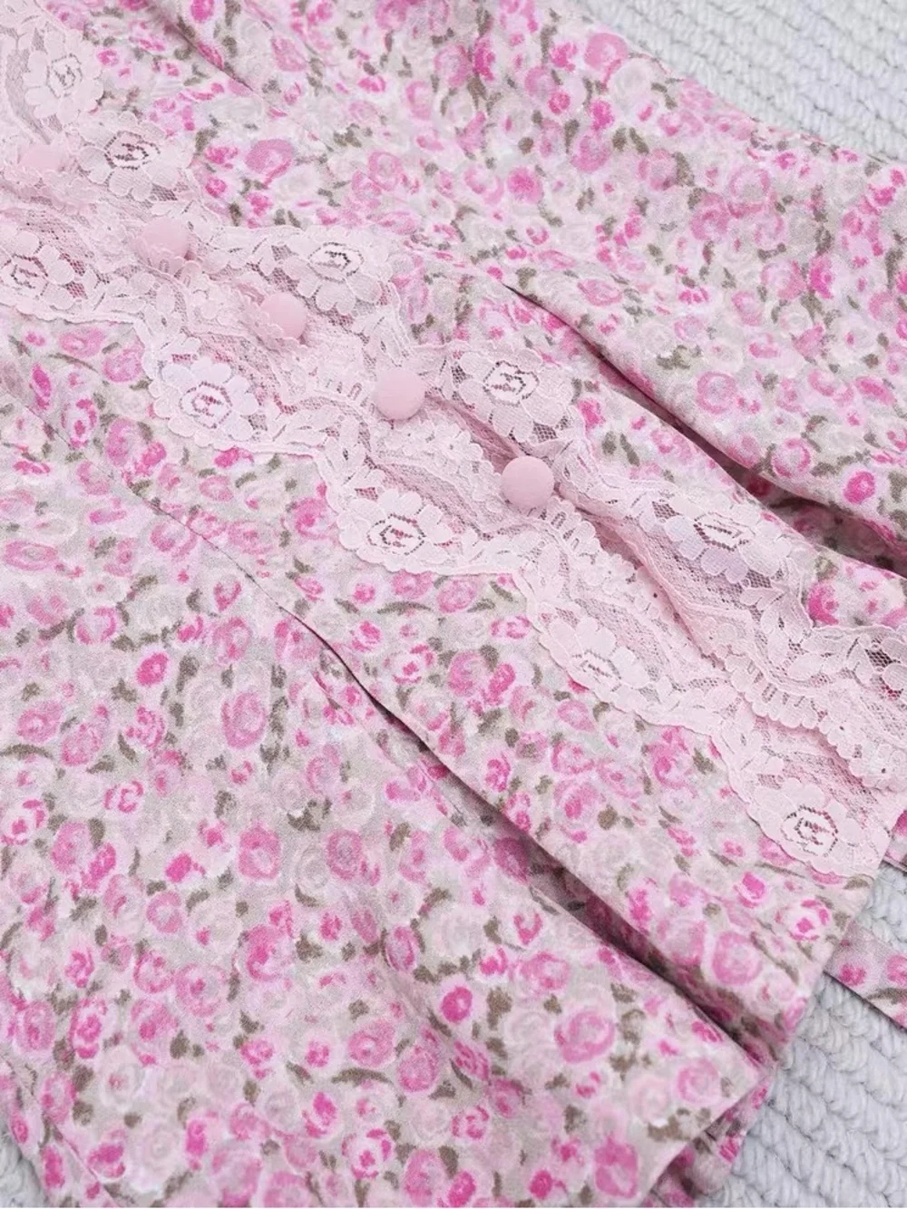 Reformation Minette Pink Floral Puff-Sleeve Lace Trim Top, 2 4